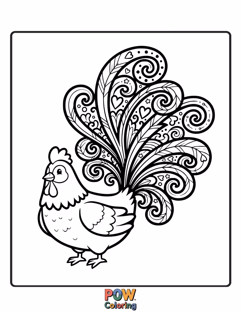 Free coloring page of A stylish chicken sporting a grand, feathery hat. Perfect for adding vibrant colors to its elegant accessory.