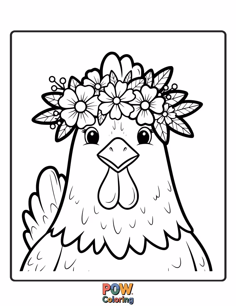 Free coloring page of A sweet chicken adorned with a beautiful crown of colorful flowers. Highlight the delicate beauty of nature's blooms.