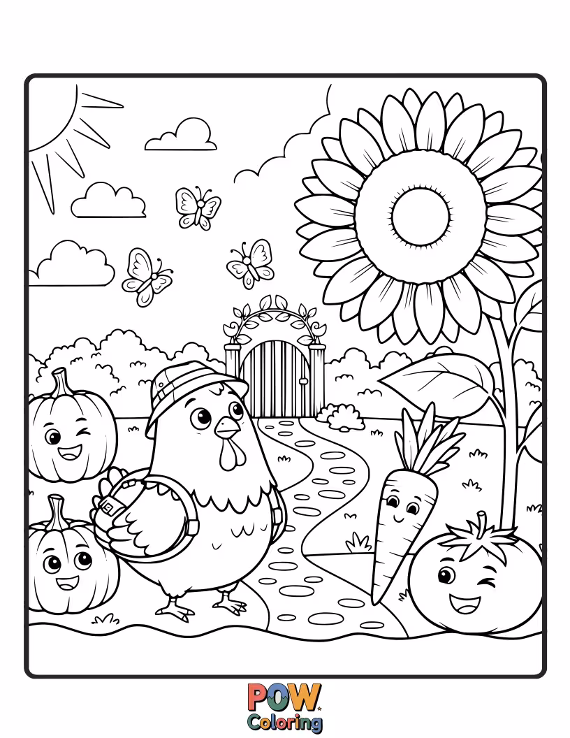 Free coloring page of A curious chicken exploring a blooming garden, pecking at a shiny ladybug. Bring the garden to life with vibrant hues.