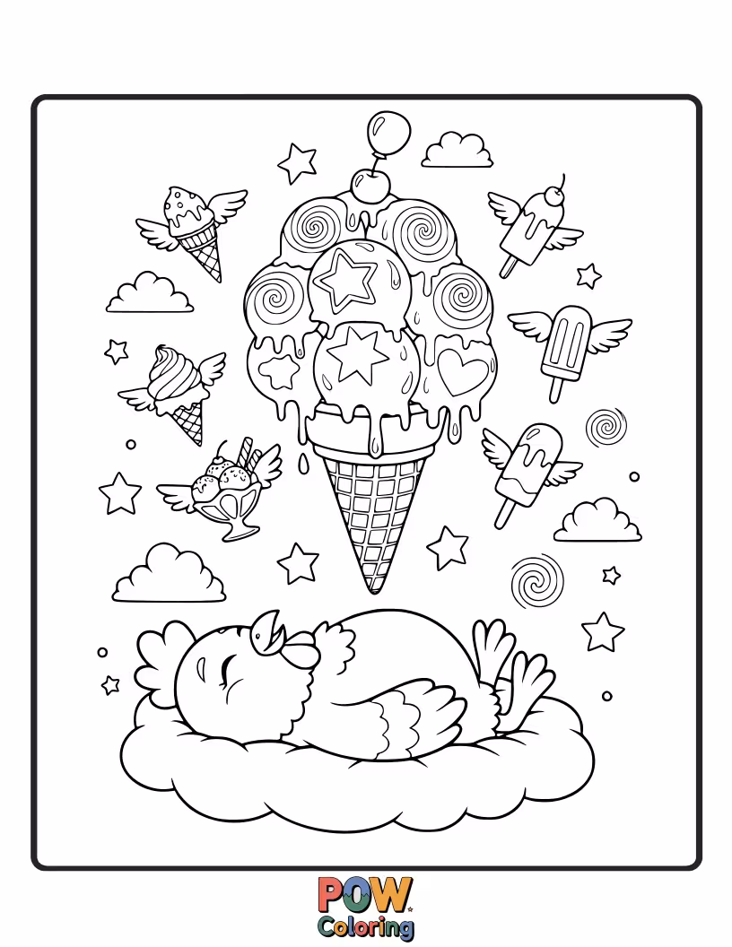 Free coloring page of A delighted chicken enjoying a giant, multi-scoop ice cream cone. Make this sweet treat even more tempting with delicious colors.