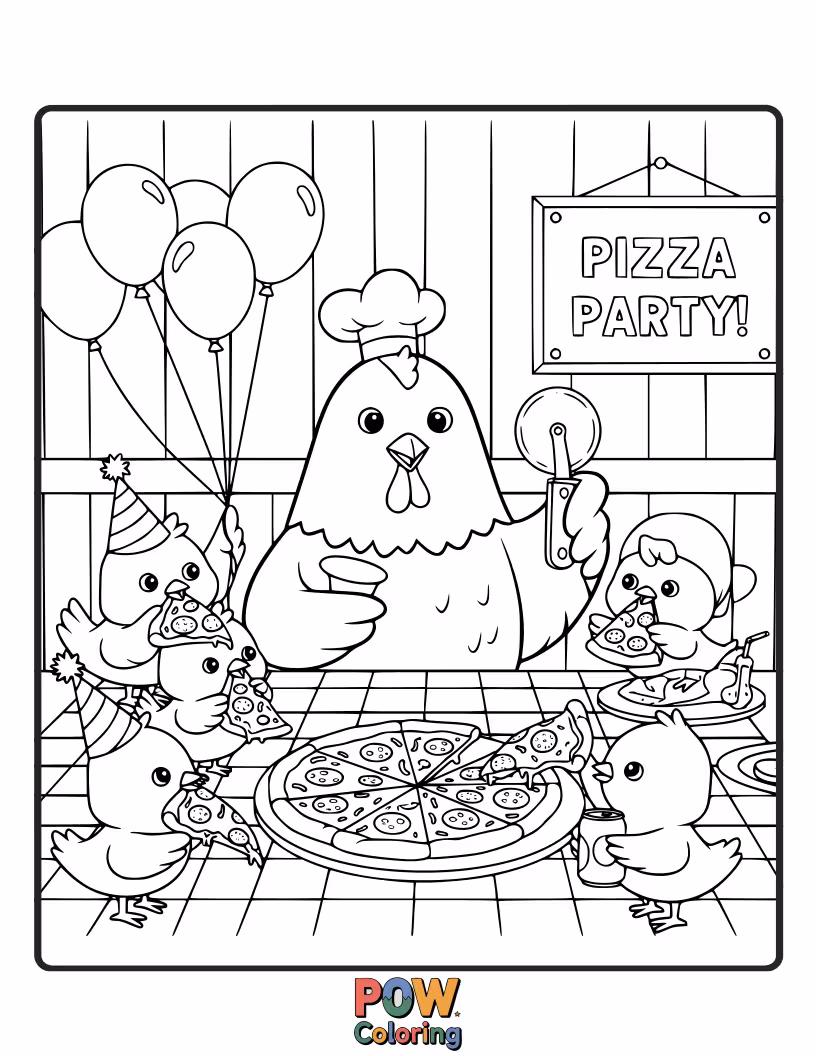 Free coloring page of A happy chicken with a slice of pizza, celebrating a delicious feast with friends. Color this fun gathering with mouth-watering shades.