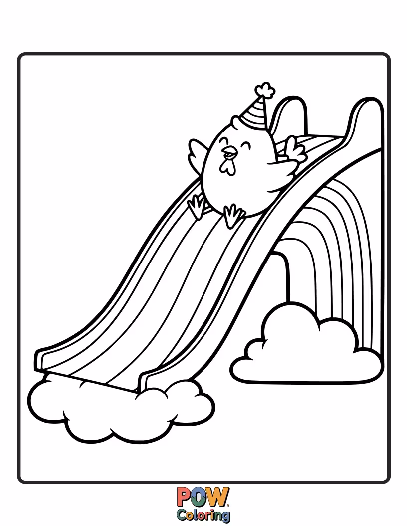 Free coloring page of A joyful chicken zipping down a vibrant rainbow slide, laughing with glee. Capture the magic of this colorful descent.