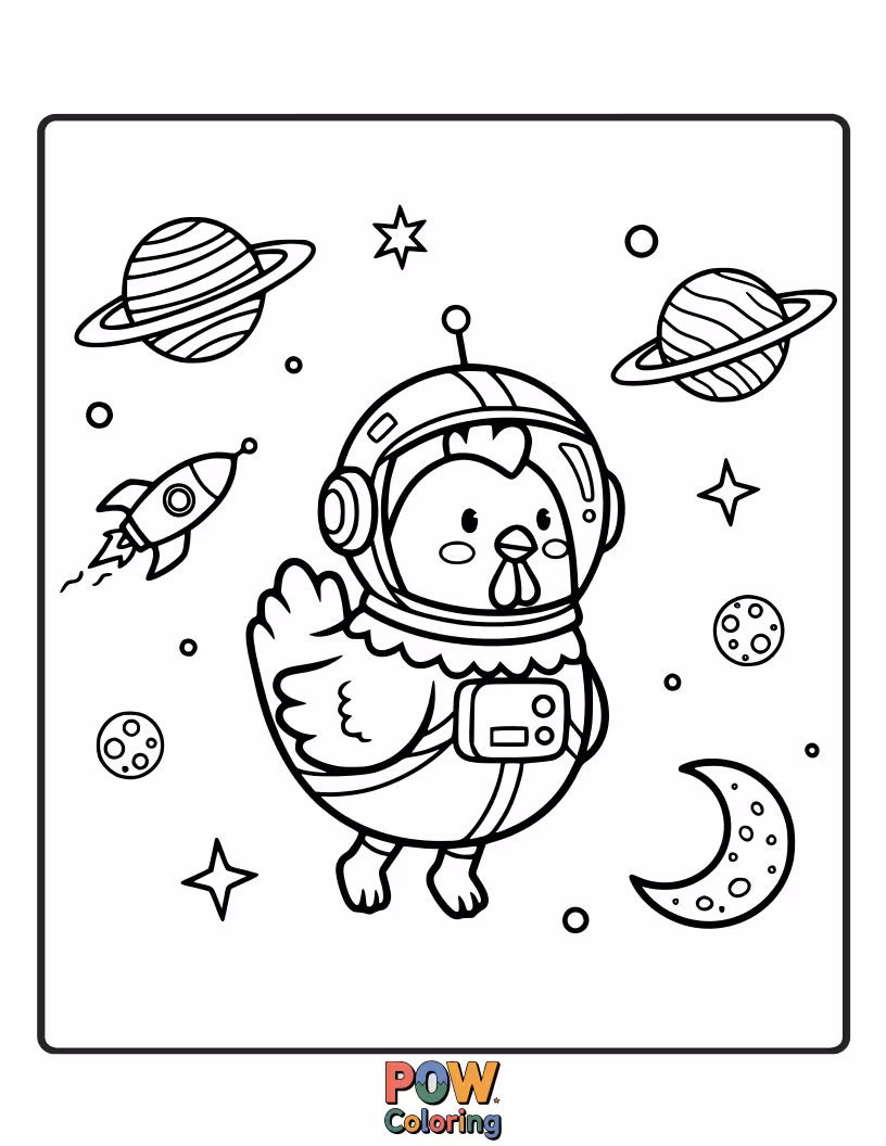 Free coloring page of A curious chicken in a retro spaceship, venturing into the cosmos. Design a galaxy filled with awe-inspiring colors.