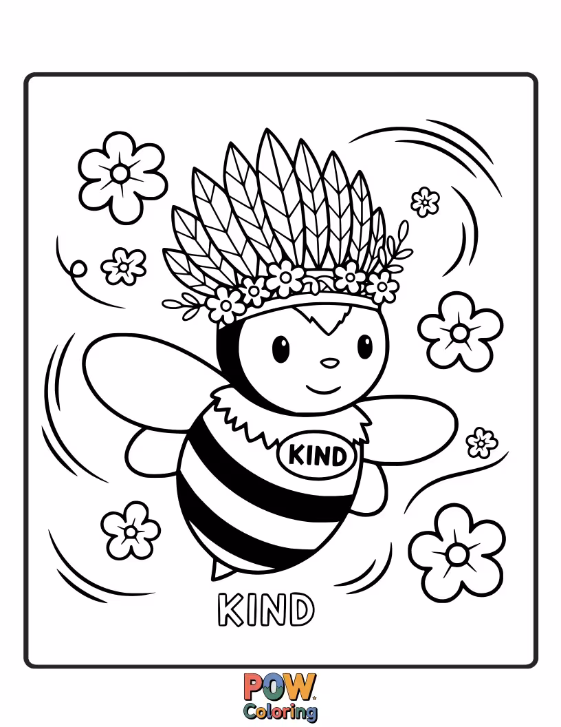 Free coloring page of A buzzy bee chief, with delicate wings and a flower crown, spreads kindness throughout the meadow.