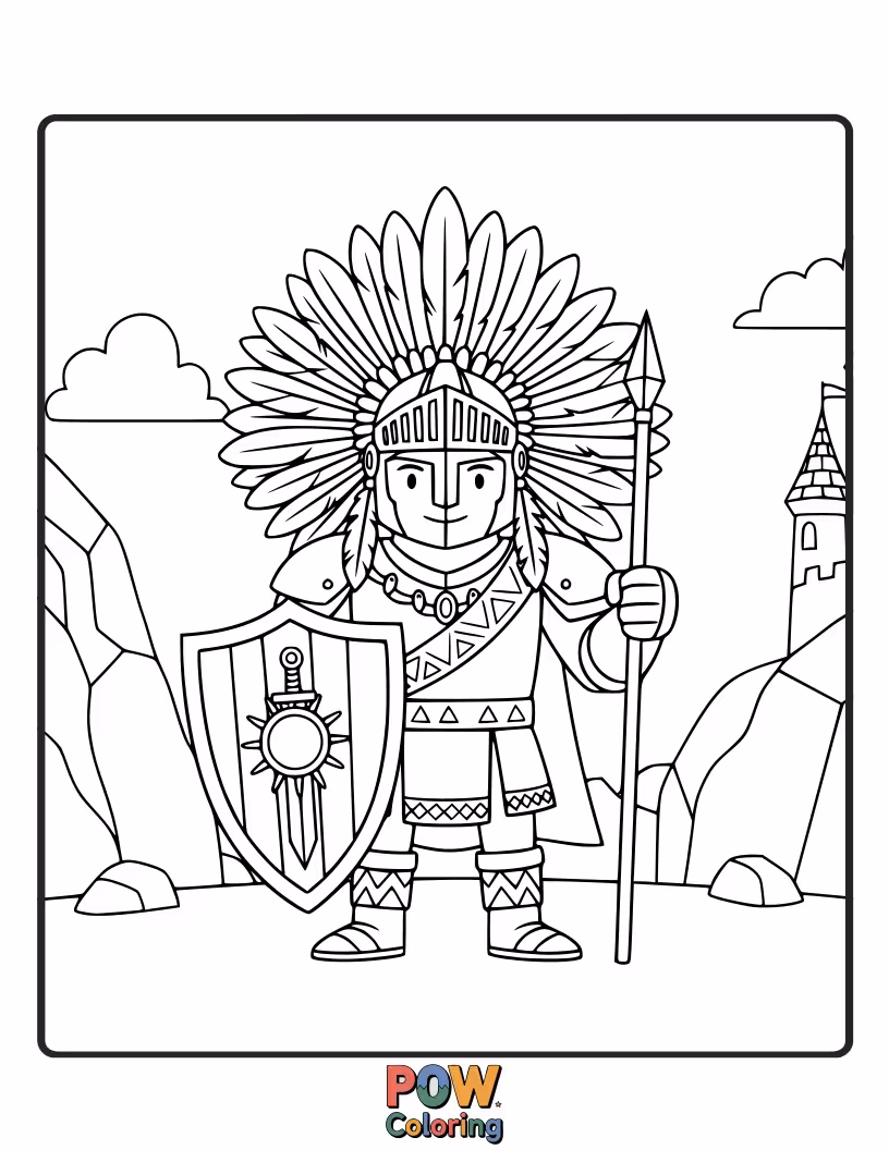 Free coloring page of A valiant lion chief, in shining armor with a shield, guards a fantastical castle.