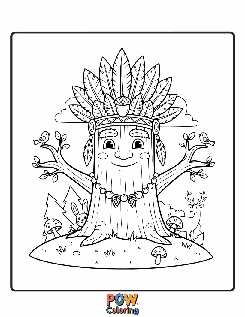 Free coloring page of A gentle deer chief, adorned with wildflowers, guides tiny woodland creatures through a sun-dappled glade.