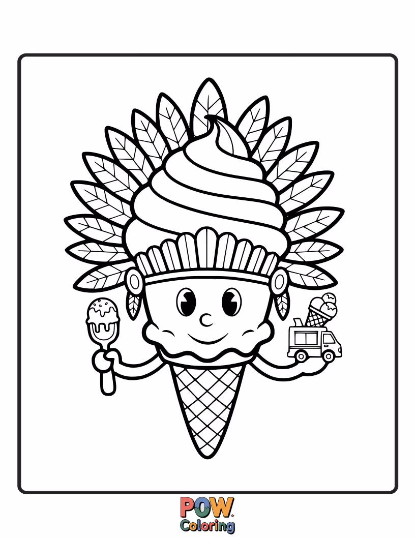 Free coloring page of A happy ice cream cone chief, with sprinkles and a cherry on top, offers a cool, sweet treat.
