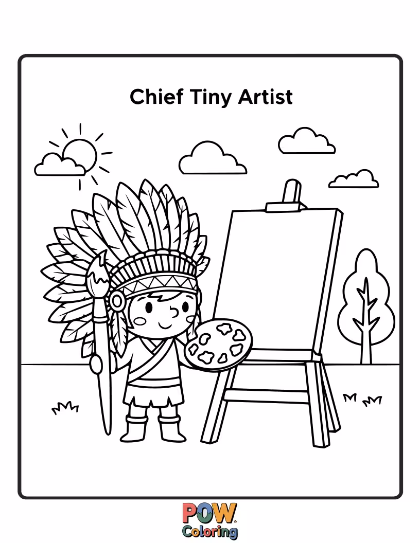 Free coloring page of A paint palette chief, with a paintbrush nose, creates a masterpiece on a giant canvas.