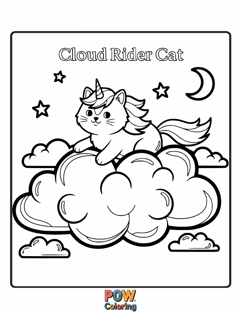 Free coloring page of A brave unicorn cat riding on the back of a fluffy white cloud, waving to birds flying by.