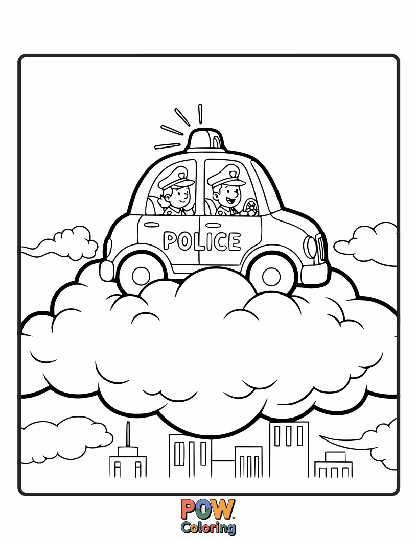 Free coloring page of Cloud riding police car, cruising on fluffy clouds, the ultimate sky patrol, keeping the heavens safe.