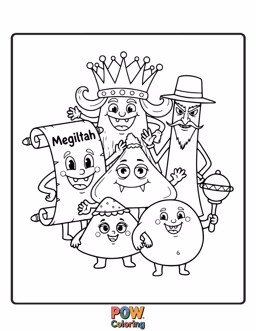 Free coloring page of Friendly, fluffy monsters are enthusiastically unrolling a vibrant Megillah scroll, their eyes wide with wonder.