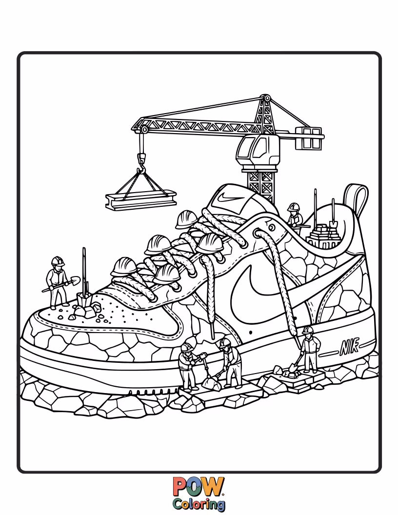 Free coloring page of A sturdy Nike shoe with tiny construction vehicles and tools, perfect for little builders and engineers.