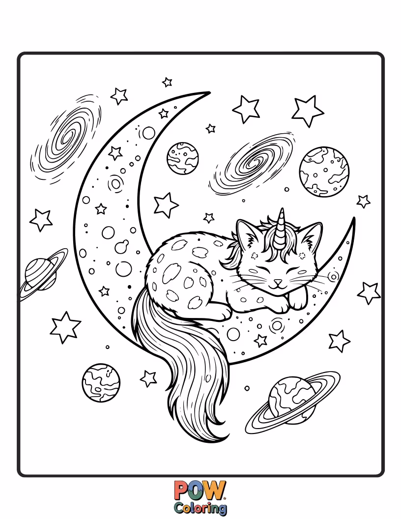Free coloring page of A sleepy unicorn cat curled up on a fluffy cloud amongst twinkling stars and crescent moons, dreaming of rainbows.