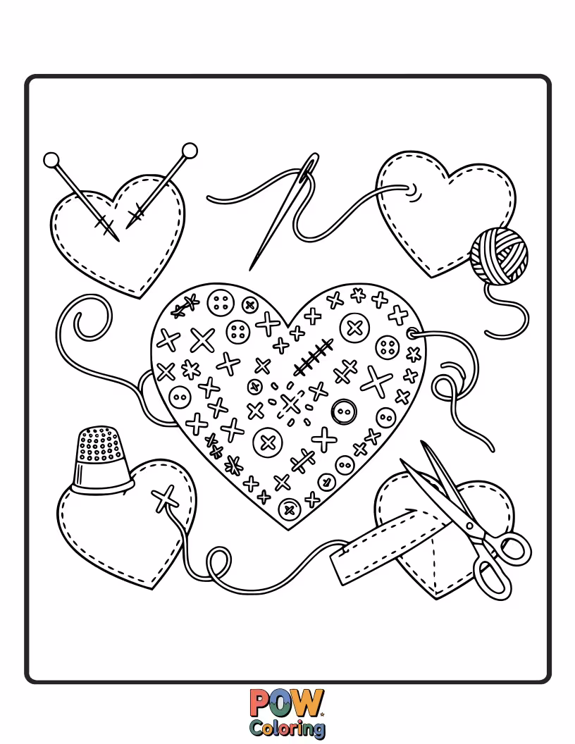 Free coloring page of Hearts decorated with cute stitches, buttons, and yarn threads. Perfect for crafty enthusiasts.