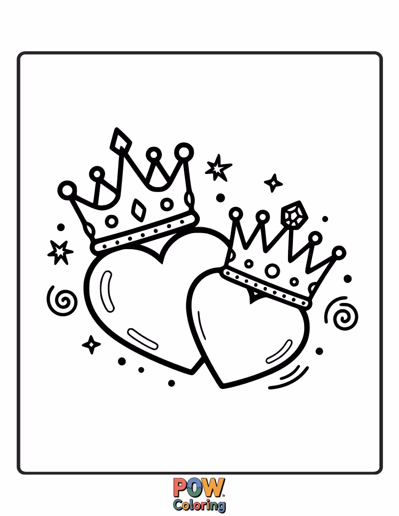 Free coloring page of Regal hearts wearing tiny crowns, surrounded by delicate swirls and jewels. Majestic and elegant.