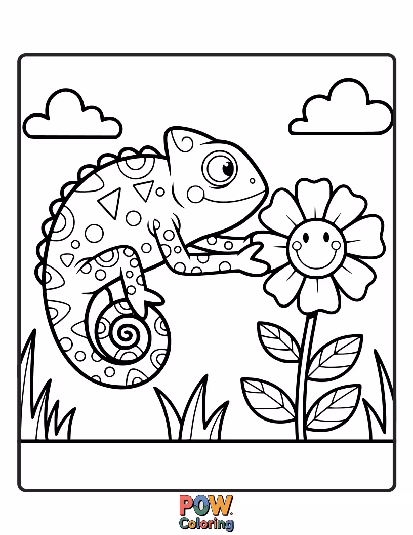 Free coloring page of A curious chameleon delicately picking a vibrant, oversized flower with its long tongue.