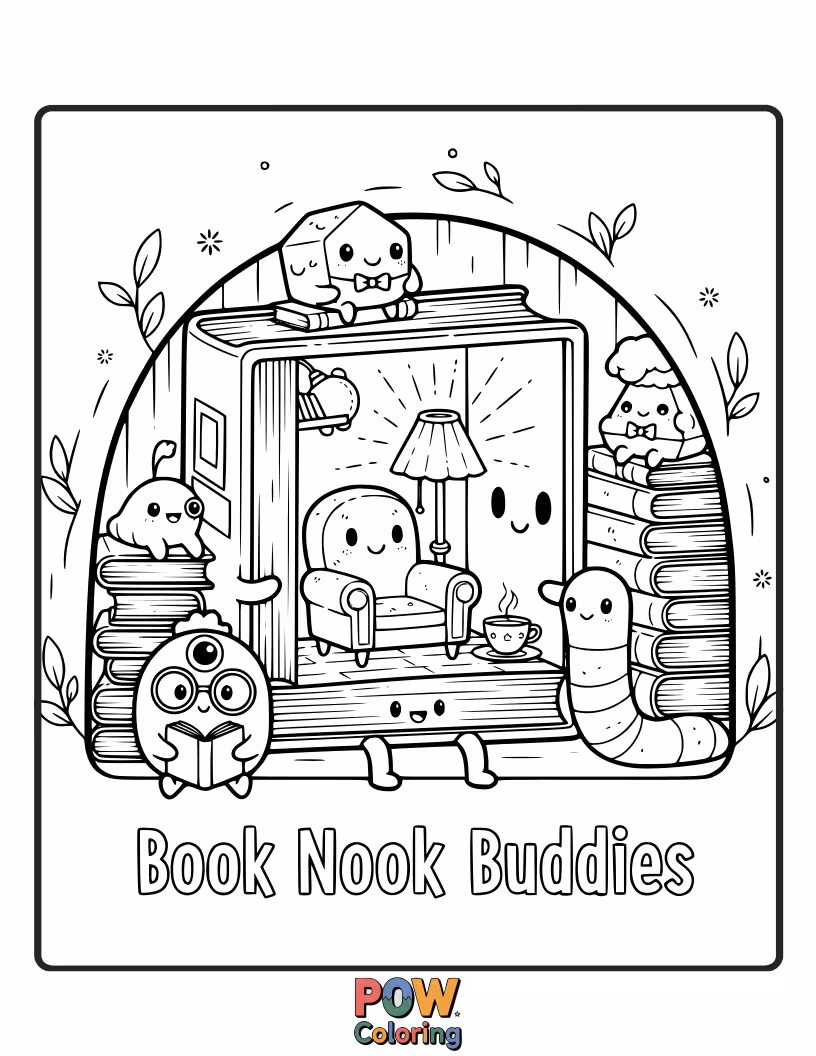 Free coloring page of Cozy reading corner with stacks of books, a friendly cat curled up, and a steaming mug of cocoa.