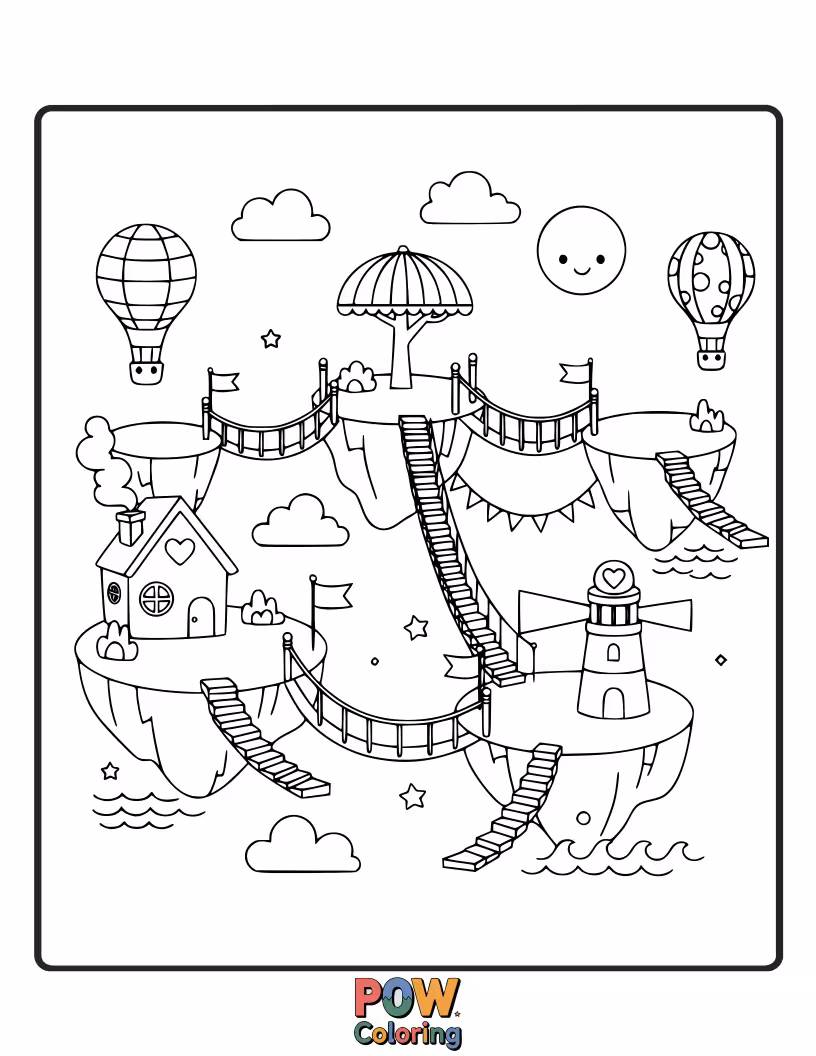 Free coloring page of Adorable animals relaxing on whimsical floating islands adorned with tiny houses and colorful flowers.