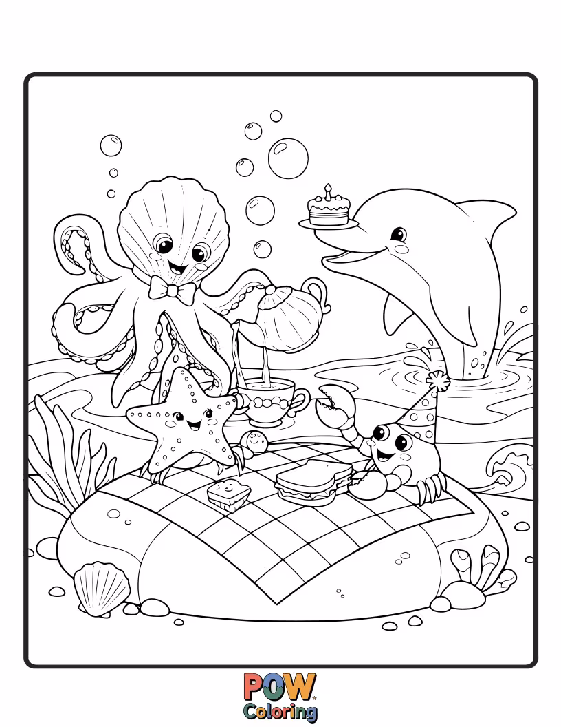 Free coloring page of Underwater picnic with smiling sea creatures like dolphins, starfish, and a happy octopus sharing treats.
