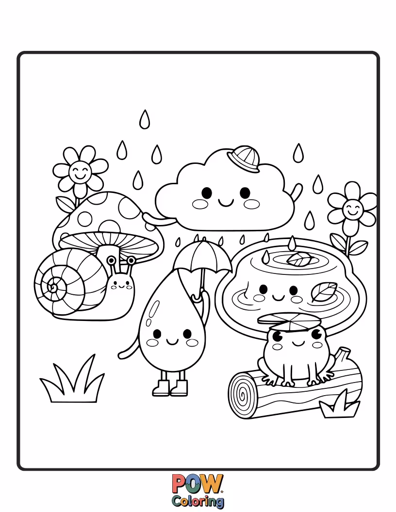 Free coloring page of Happy little animals under colorful umbrellas, splashing in puddles and enjoying a cozy, rainy day.