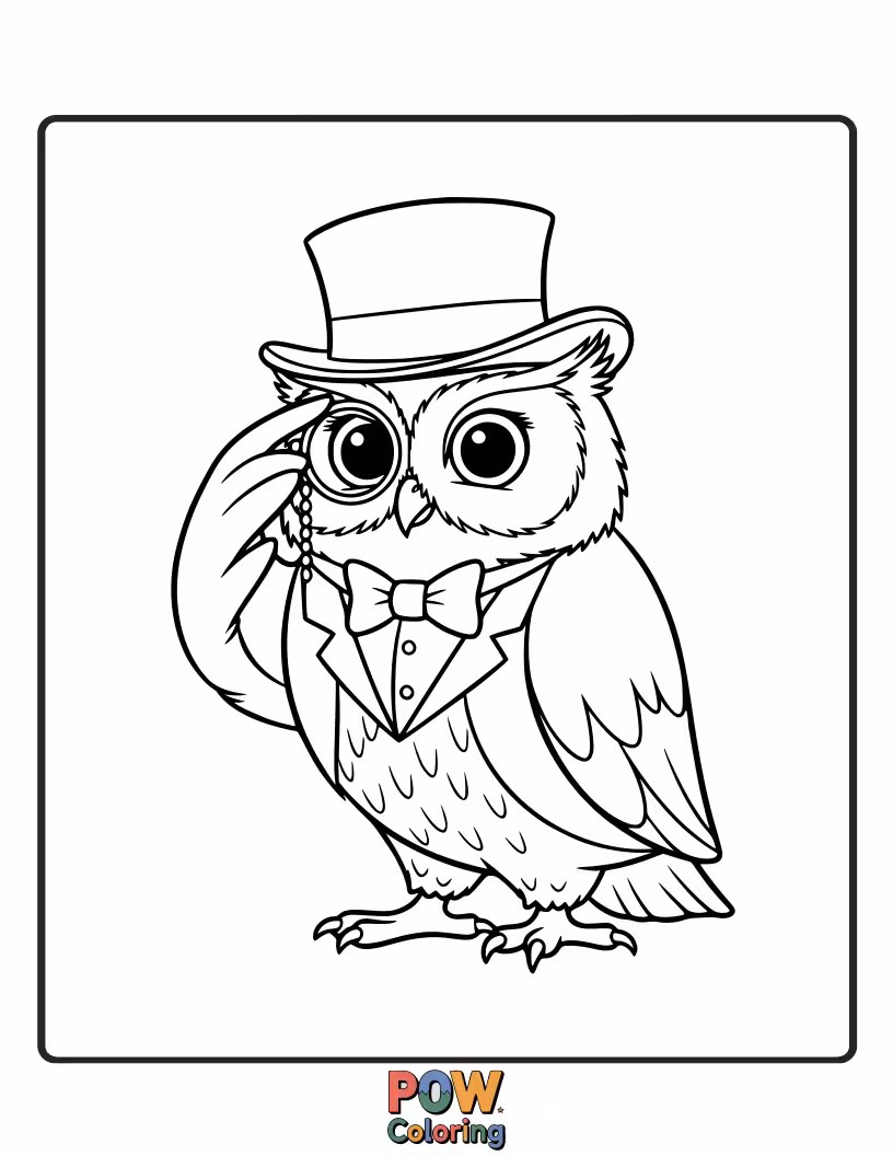 Free coloring page of A distinguished owl in a top hat and bowtie, holding a monocle, ready for a formal affair.