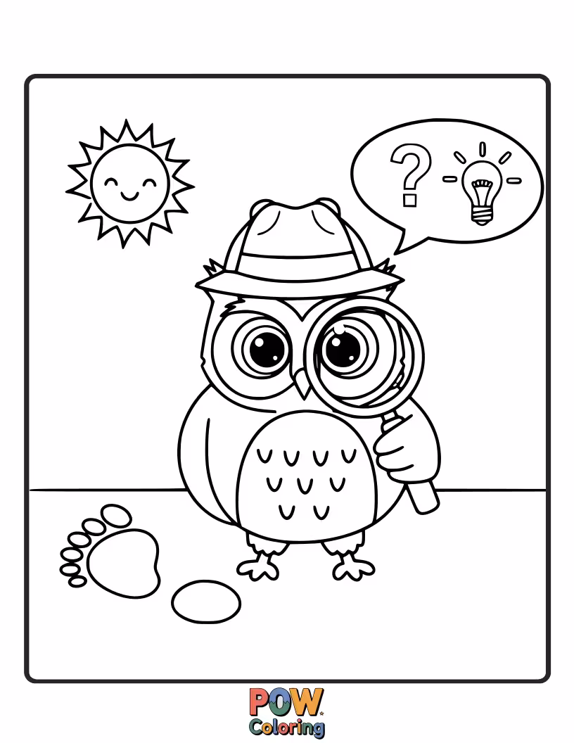 Free coloring page of A curious owl with a magnifying glass, examining footprints for clues.