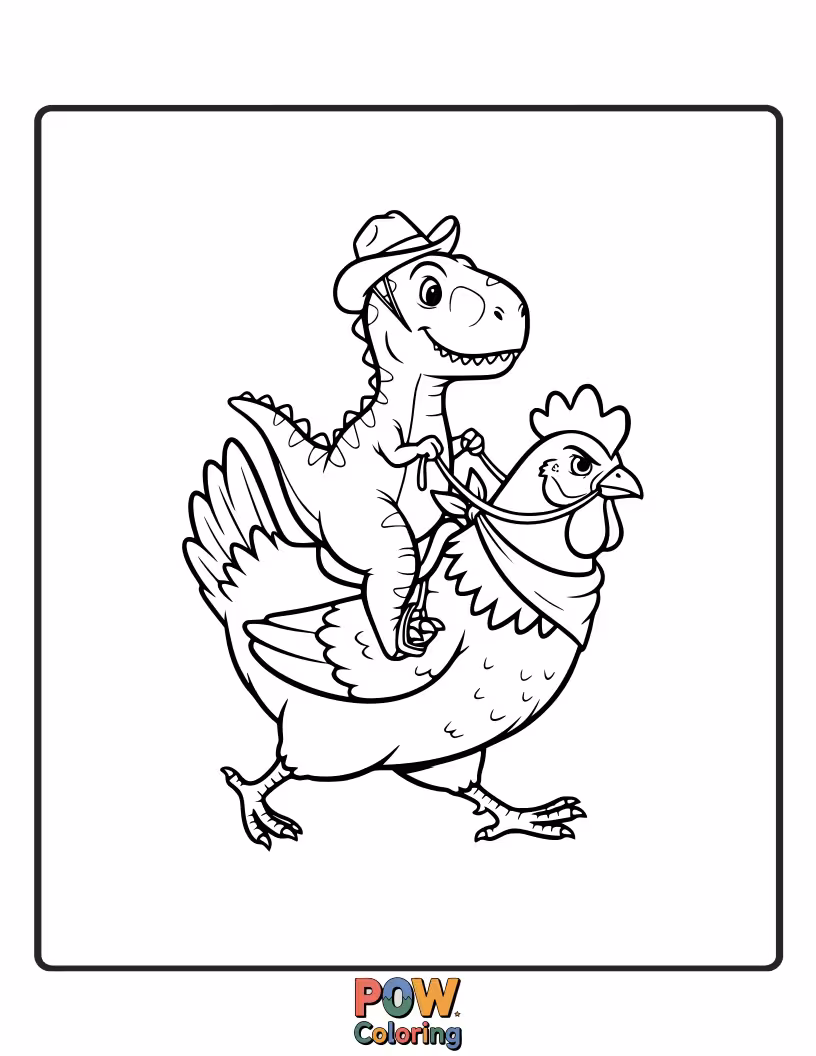 Free coloring page of A tiny chicken bravely riding a mini dinosaur, off on an epic quest. Imagine their prehistoric adventure with bold colors!