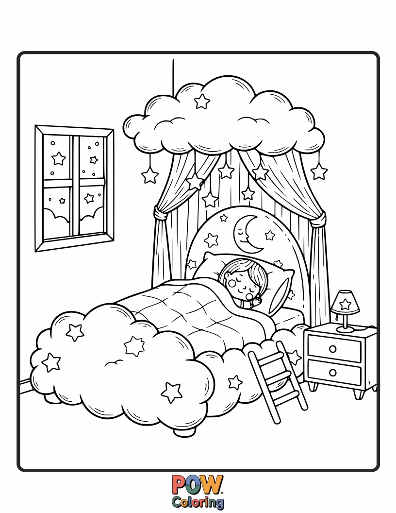 Free coloring page of A fluffy cloud bed floats in a starry night sky, perfect for whimsical dreams and soft pastel colors.