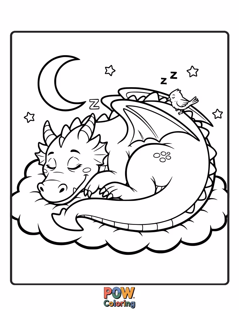 Free coloring page of A drowsy baby dragon curled up asleep on a fluffy cloud, dreaming sweet dreams.