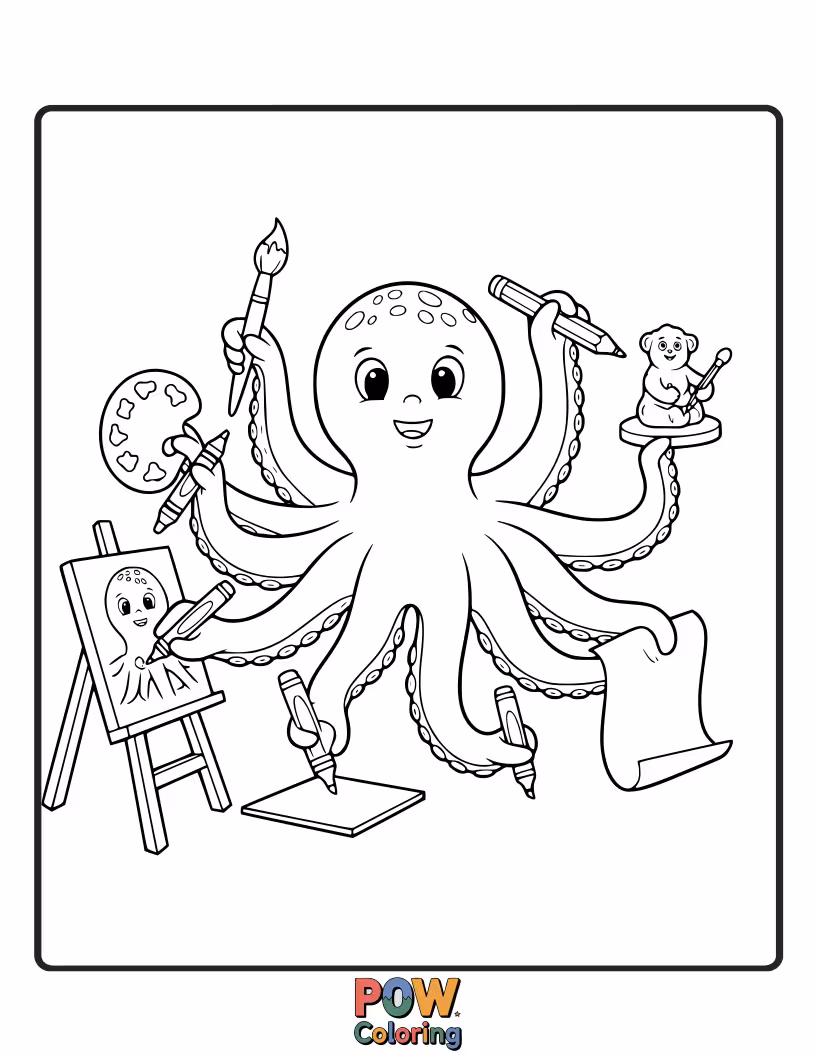 Free coloring page of This creative octopus uses all eight tentacles to paint a vibrant, colorful masterpiece on a large canvas.