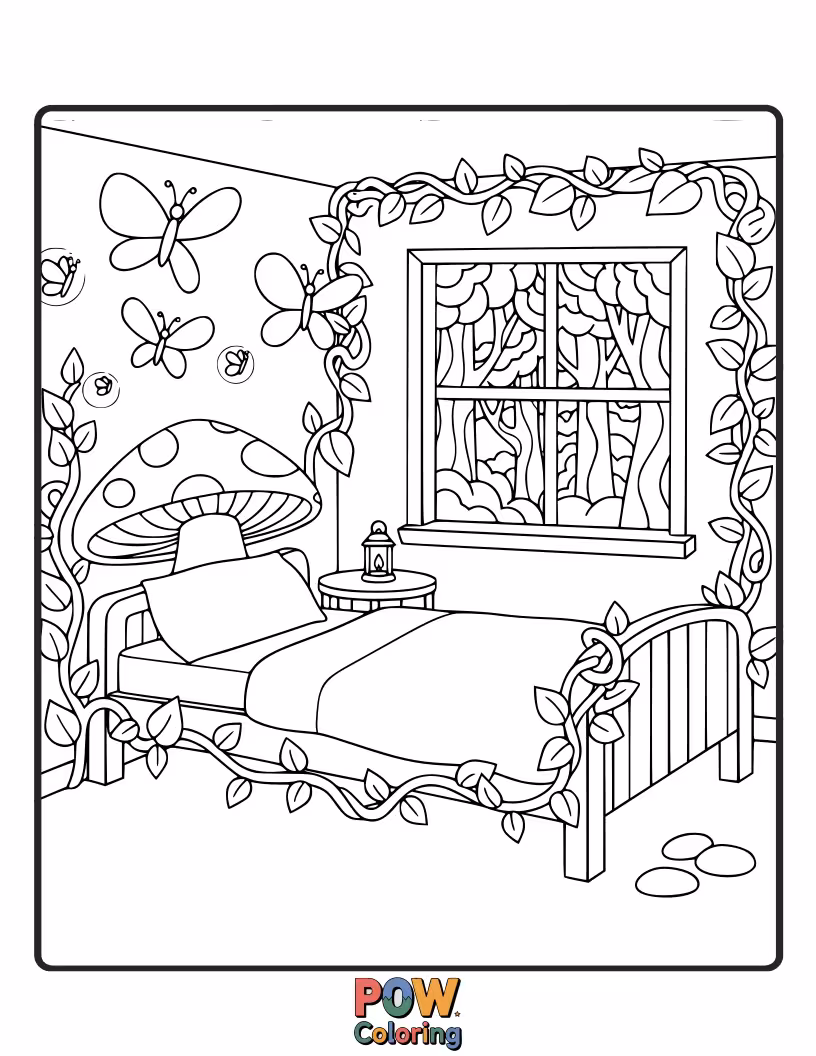 Free coloring page of Mushrooms as furniture, fairy lights, and friendly woodland creatures create a magical, serene escape for coloring.