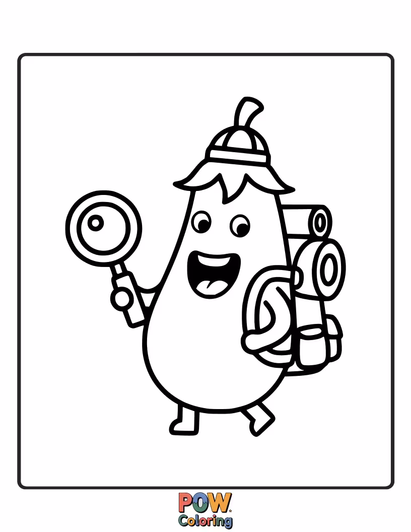 Free coloring page of An adventurous eggplant with a magnifying glass, curiously exploring a tiny, sparkling mushroom.