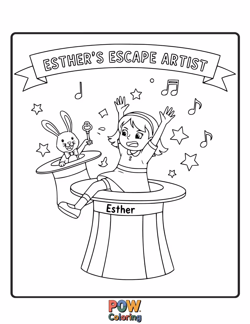 Free coloring page of Queen Esther is depicted playfully escaping from a beautifully decorated cage, symbolizing her cleverness and bravery.