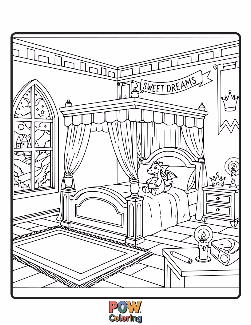 Free coloring page of A miniature castle bed, turrets, and royal banners create a majestic and regal chamber for coloring.