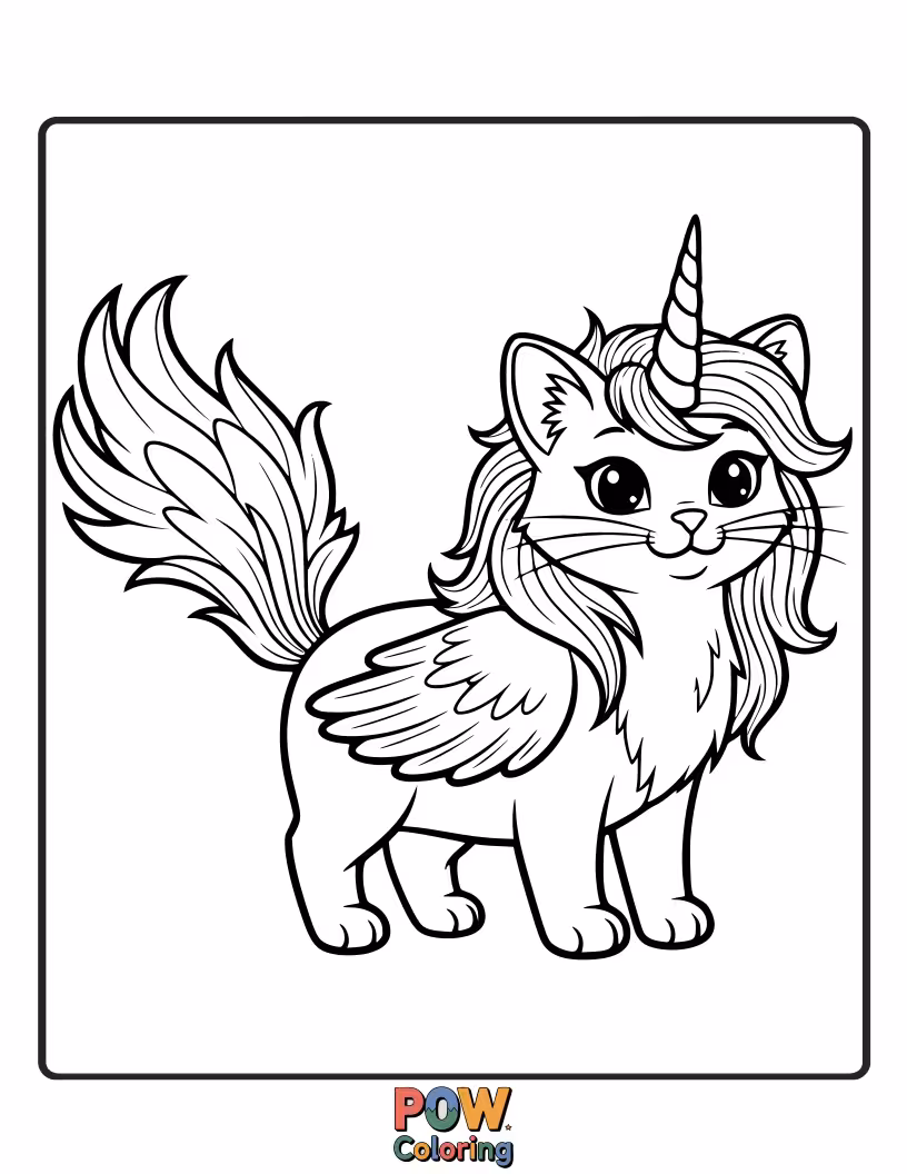 Free coloring page of A unicorn cat with delicate, colorful feathers adorning its mane and tail, playfully chasing a shimmering feather.