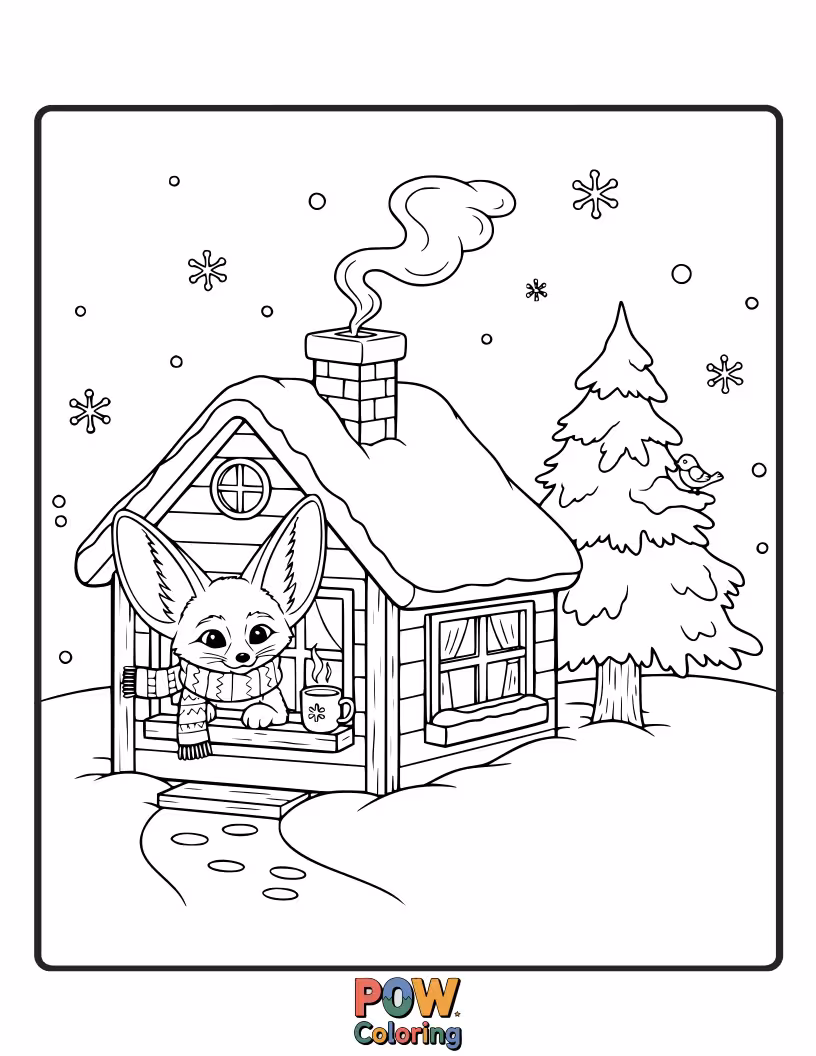 Free coloring page of A warm Fennec Fox peeking out from a charming, rustic cabin in the desert.
