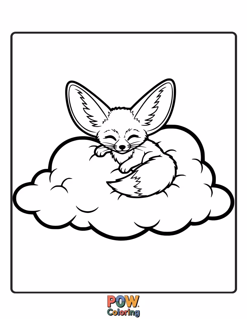 Free coloring page of An impossibly fluffy Fennec Fox nestled in a soft cloud, perfect for gentle coloring.