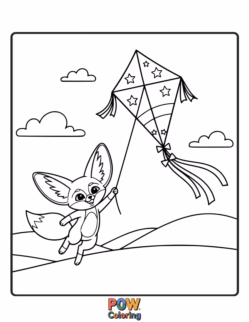 Free coloring page of A playful Fennec Fox flying a colorful kite high up in the vast desert sky.