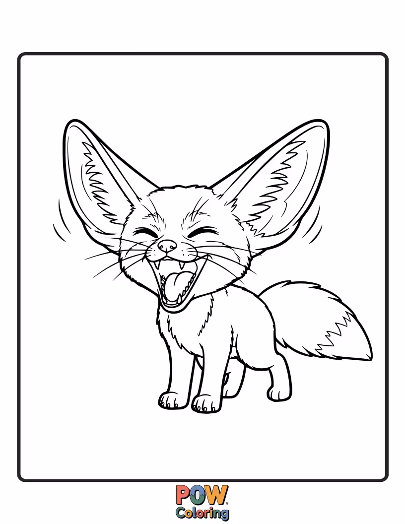 Free coloring page of A Fennec Fox caught mid-giggle, its ears twitching with pure, contagious joy.