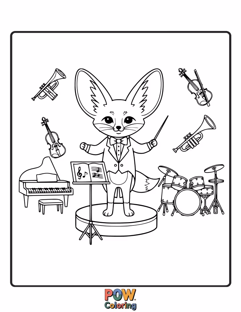 Free coloring page of A Fennec Fox conducting an orchestra of desert creatures with a tiny baton.
