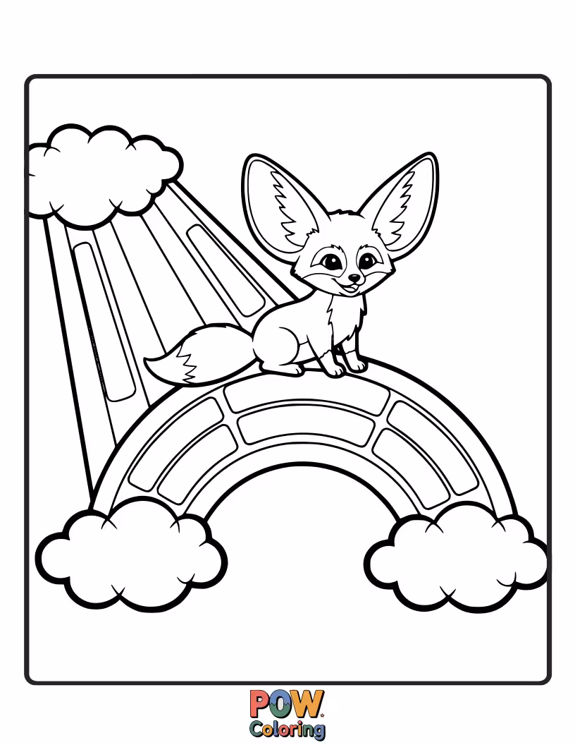 Free coloring page of A magical Fennec Fox riding on a vibrant rainbow, its ears catching the colors.
