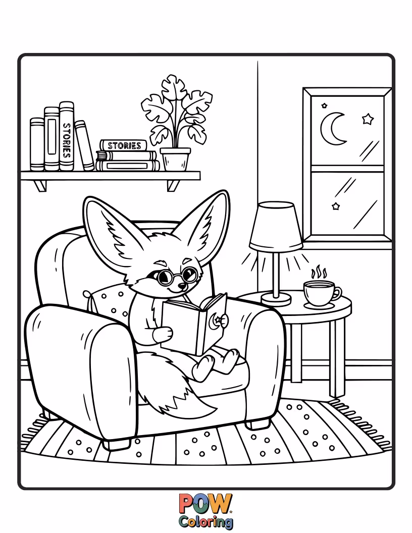 Free coloring page of A cozy Fennec Fox curled up with a book, lost in a world of stories.