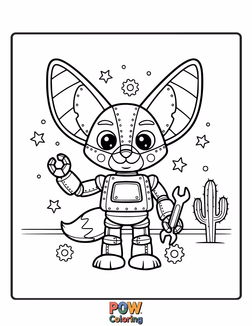 Free coloring page of A cute Fennec Fox befriending a friendly, whimsical robot with blinking lights.