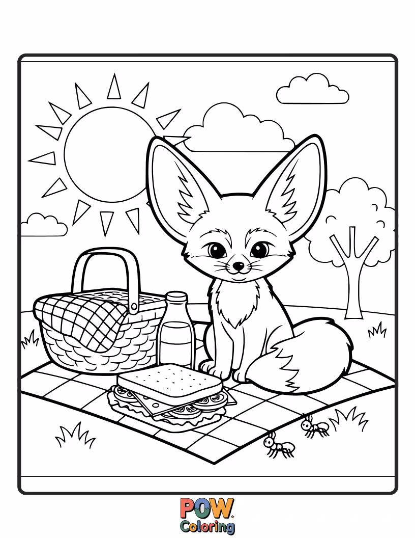 Free coloring page of A Fennec Fox enjoying a delightful picnic with a perfectly made, tiny sandwich.
