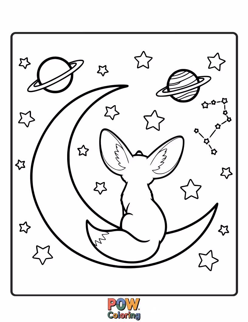 Free coloring page of A curious Fennec Fox looking up at a magnificent night sky filled with twinkling stars.