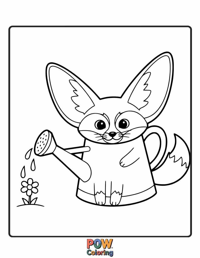 Free coloring page of A helpful Fennec Fox carefully watering a tiny desert flower with a miniature watering can.