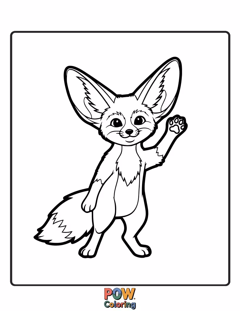 Free coloring page of A friendly Fennec Fox with a huge smile, its big ears waving a cheerful greeting.