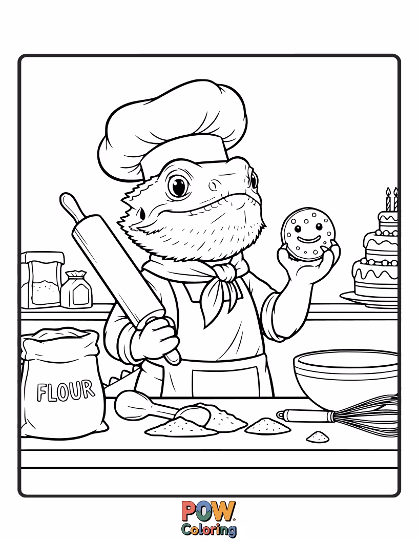 Free coloring page of A friendly bearded dragon wearing a chef's hat, proudly presenting a plate of tiny cookies.