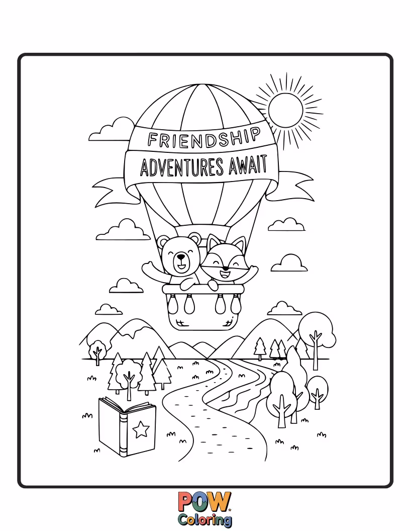 Free coloring page of Two brave explorers, a fox and a badger, were flying high in magical balloon, shimmering portal.