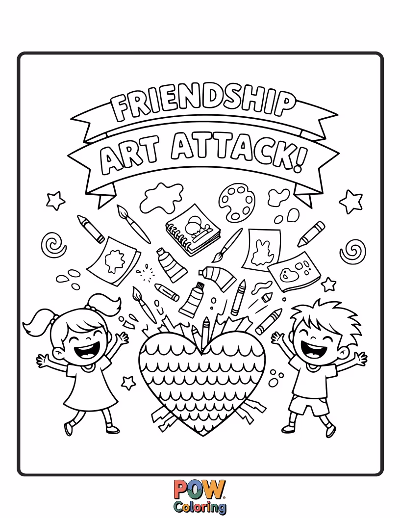 Free coloring page of Two energetic friends splattered with paint, proudly displaying their colorful, abstract masterpieces on a large canvas.